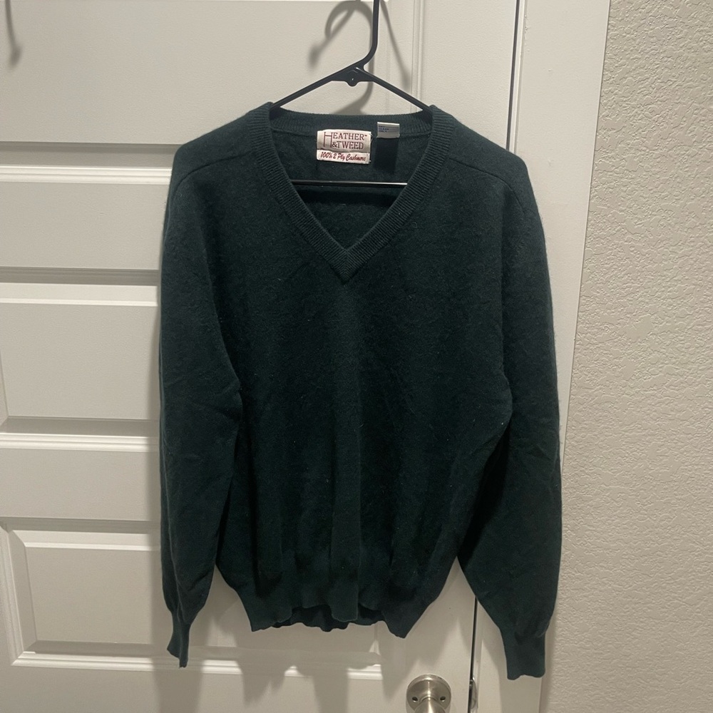 Vintage Heather & tweed 100% 2-ply cashmere v neck men sweater Sz L